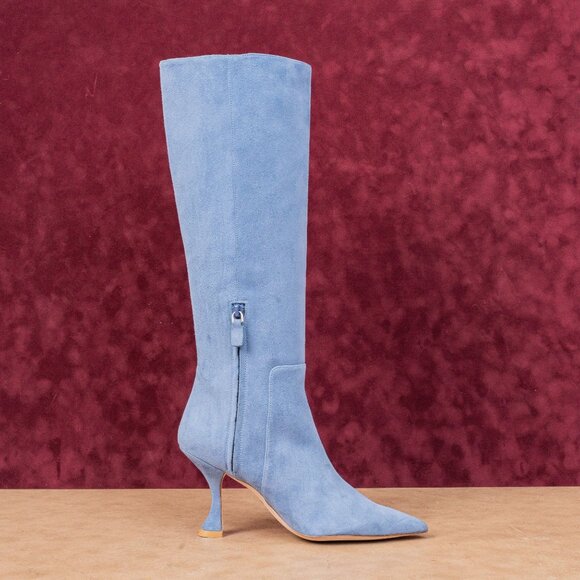 Stuart Weitzman Women Xcurve 85 Blue Suede Pointy Slouch Fashion Boots sz 8.5 - Picture 10 of 10